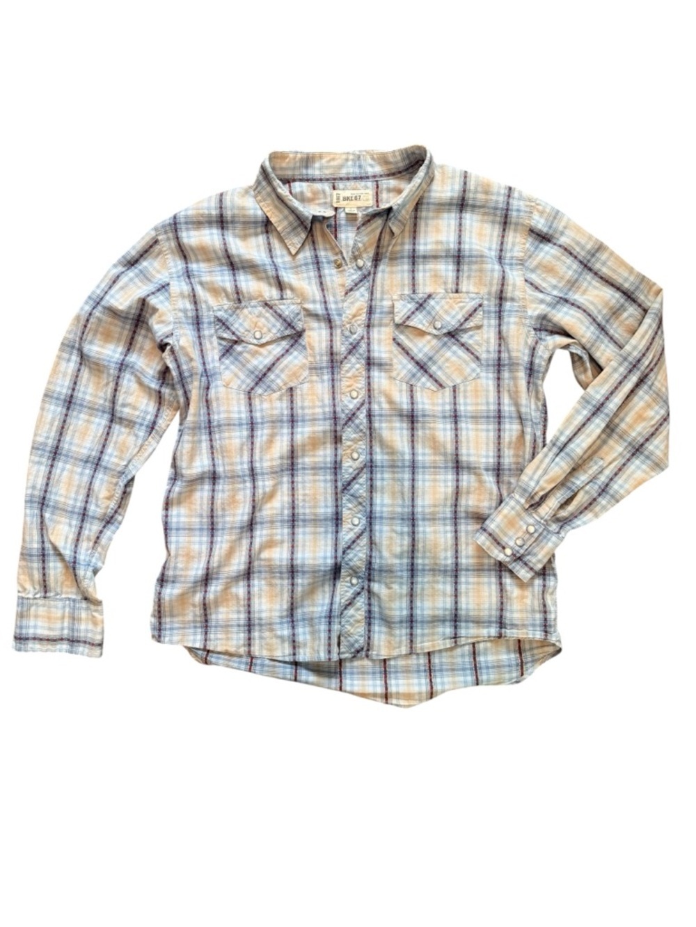 BKE Buckle Plaid Western Snap Shirt Mens Large Blue Tan Embroidered Cotton - Picture 2 of 11